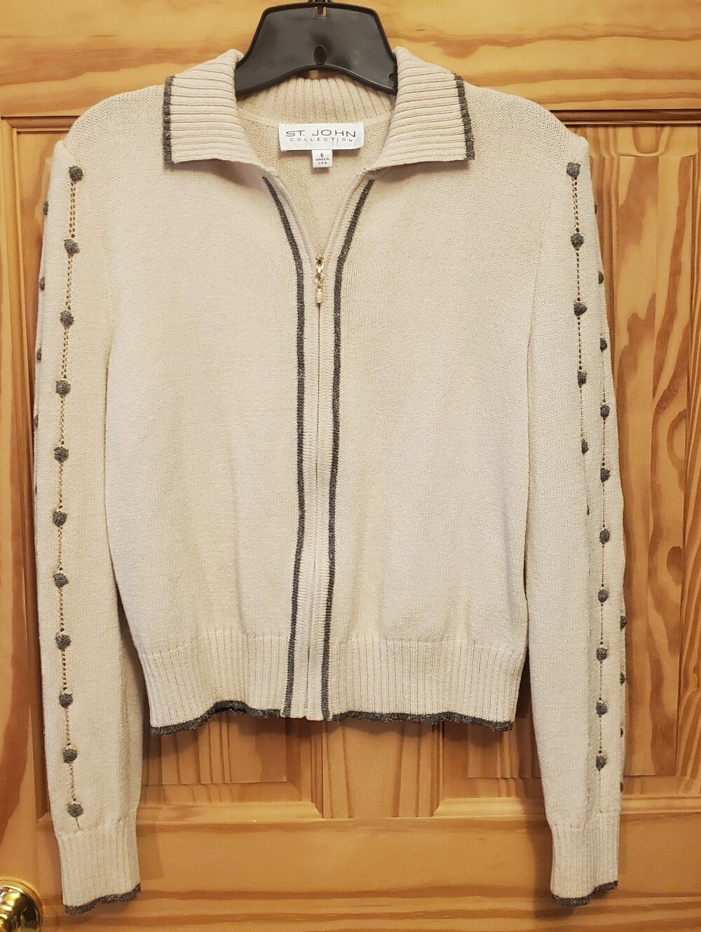 St John Collection Cream Gray Knit Full Zip Sweater Jacket 6